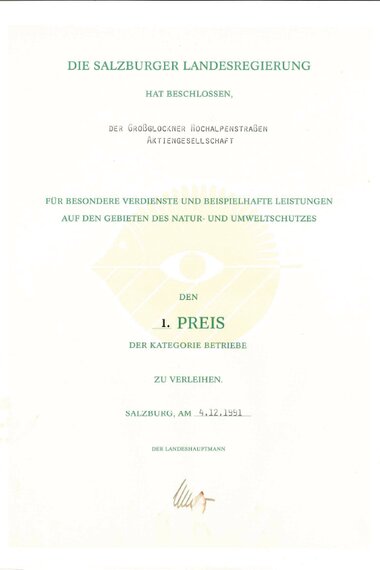 1991 Salzburger Landesregierung - 1. Preis für besondere Verdienste Natur- und Umweltschutz | © grossglockner.at