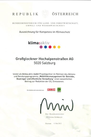 2012, Auszeichnung für Kompetenz im Klimaschutz vom Bundesministerium für Land- und Forstwirtschaft | © grossglockner.at