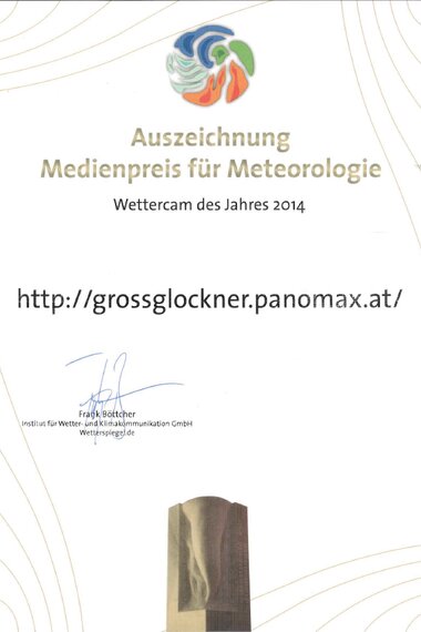2014, Auszeichnung Medienpreis für Meteorologie - Wettercam des Jahres grossglockner.panomax.at | © grossglockner.at