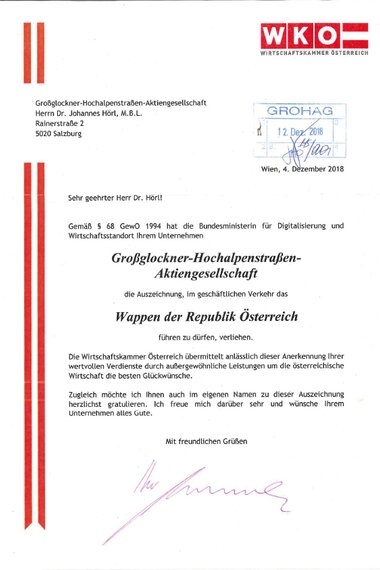 2018, Verleihung zum Führen des Wappens der Republik Österreich | © grossglockner.at